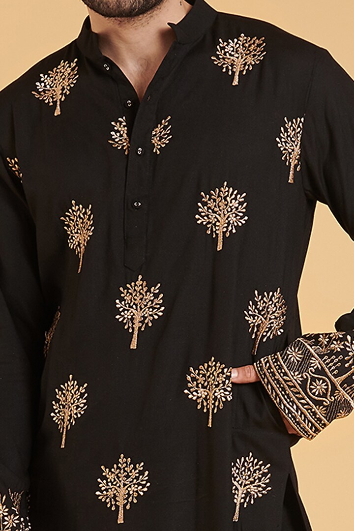 Black Rayon Zari Work Kurta Set by Siddartha Tytler Men at Pernia's Pop Up Shop