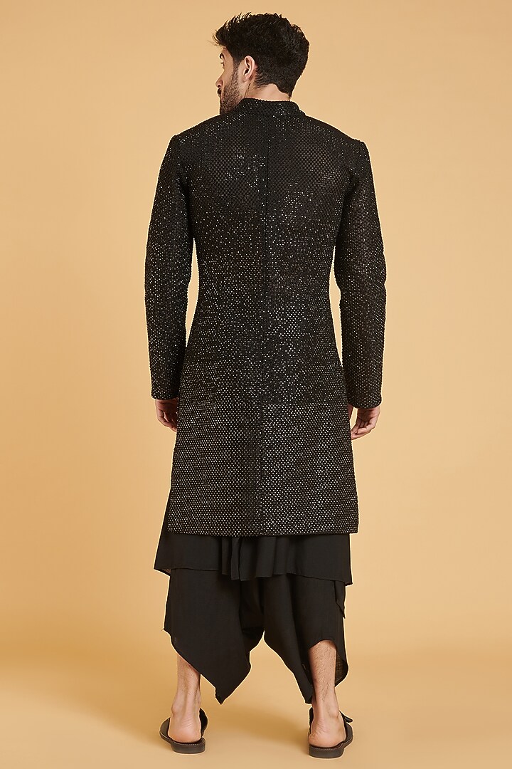 Black Neoprene Mesh Groom Sherwani Set by Siddartha Tytler Men at Pernia's Pop Up Shop