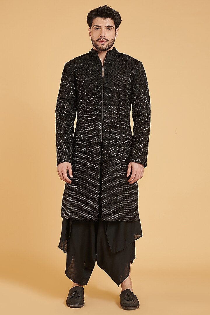Black Neoprene Mesh Groom Sherwani Set by Siddartha Tytler Men at Pernia's Pop Up Shop