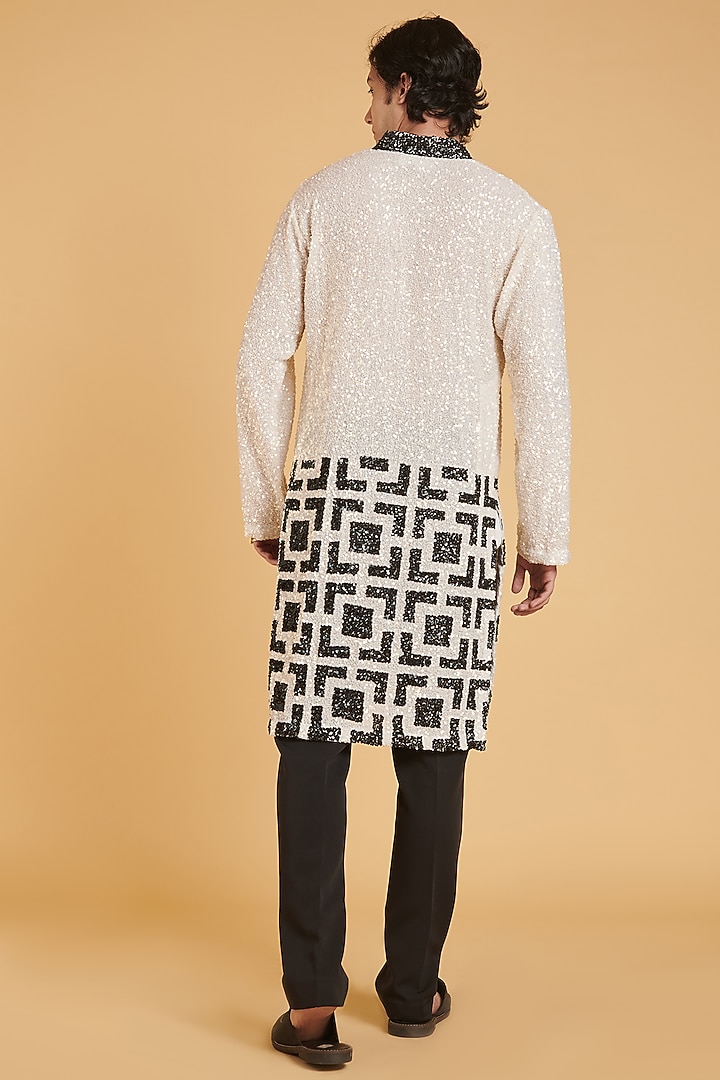Ivory & Black Georgette Hand Embroidered Kurta Set by Siddartha Tytler Men at Pernia's Pop Up Shop