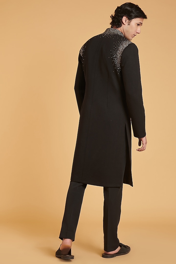 Black Matka Silk Crystal Work Groom Sherwani Set by Siddartha Tytler Men at Pernia's Pop Up Shop