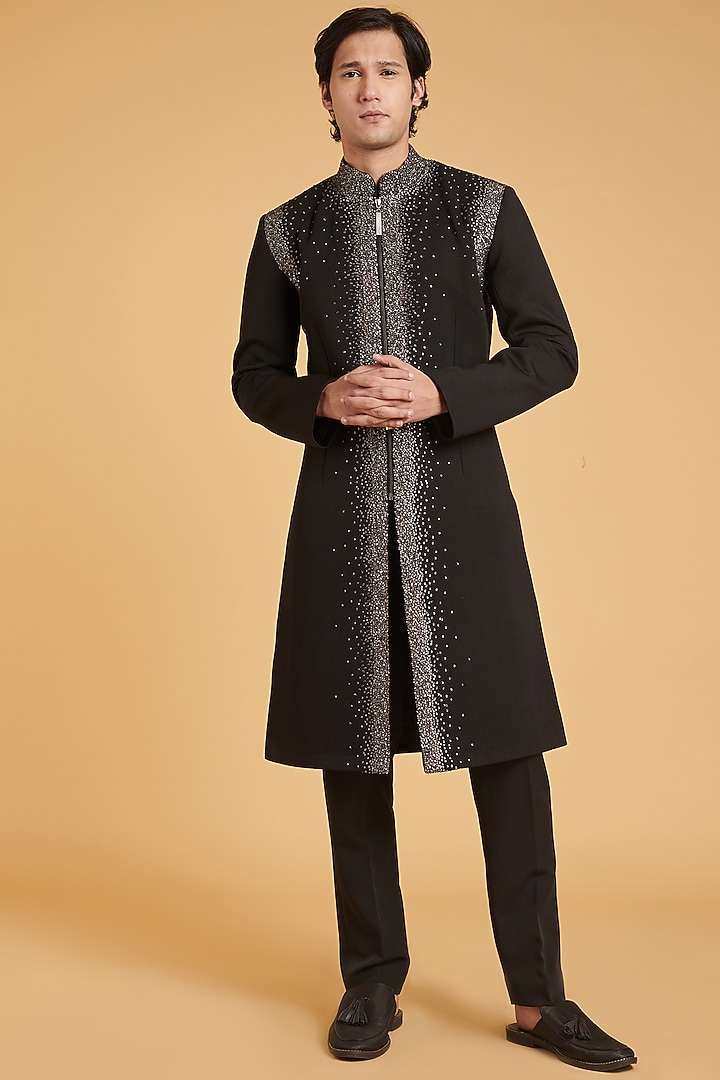 Black Matka Silk Crystal Work Groom Sherwani Set by Siddartha Tytler Men at Pernia's Pop Up Shop