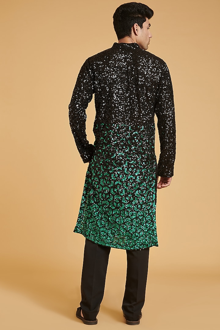 Black & Emerald Green Georgette Sequin Embroidered Kurta Set by Siddartha Tytler Men at Pernia's Pop Up Shop