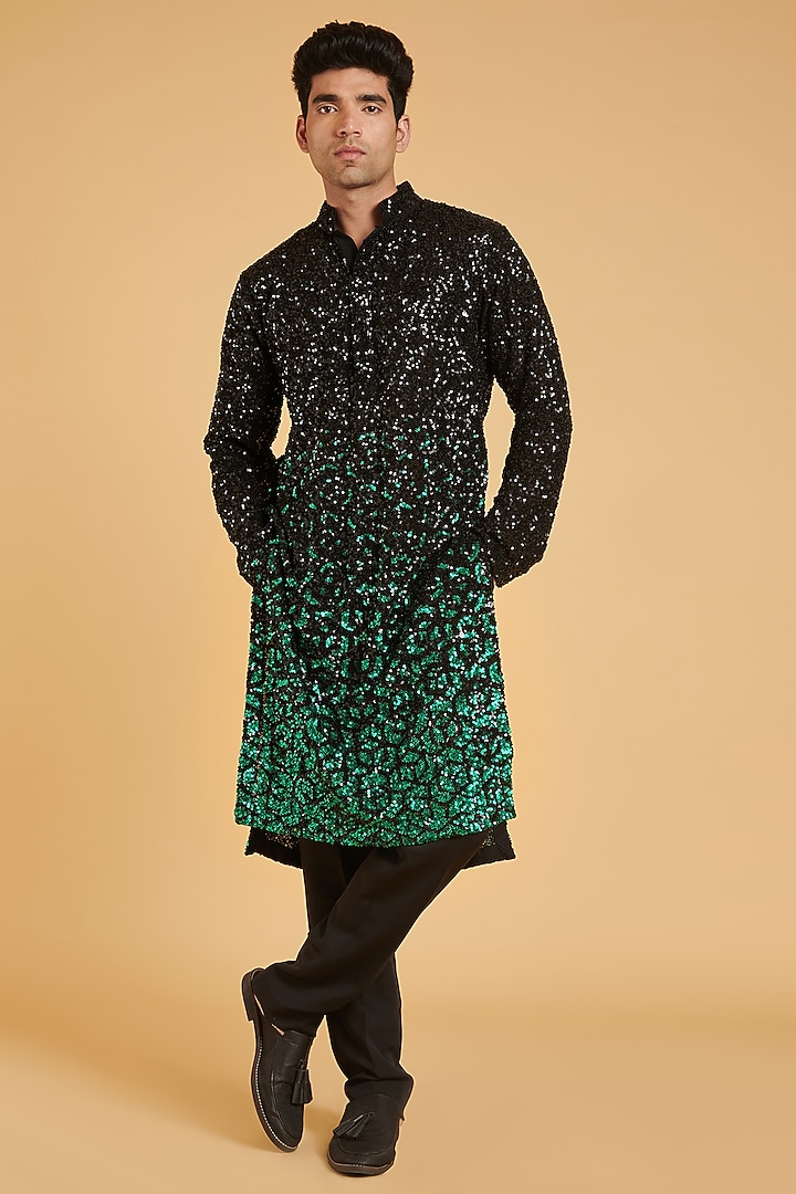 Black & Emerald Green Georgette Sequin Embroidered Kurta Set by Siddartha Tytler Men at Pernia's Pop Up Shop