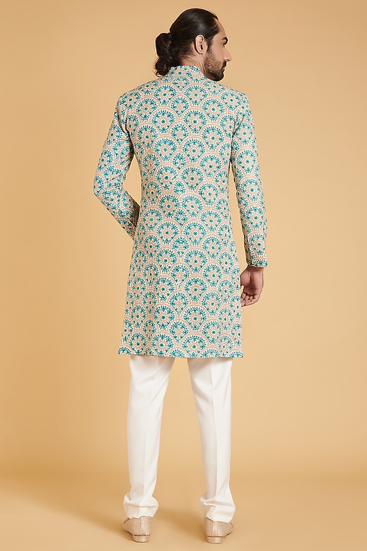 Ivory & Blue Matka Silk Zari Embroidered Groom Sherwani Set by Siddartha Tytler Men at Pernia's Pop Up Shop