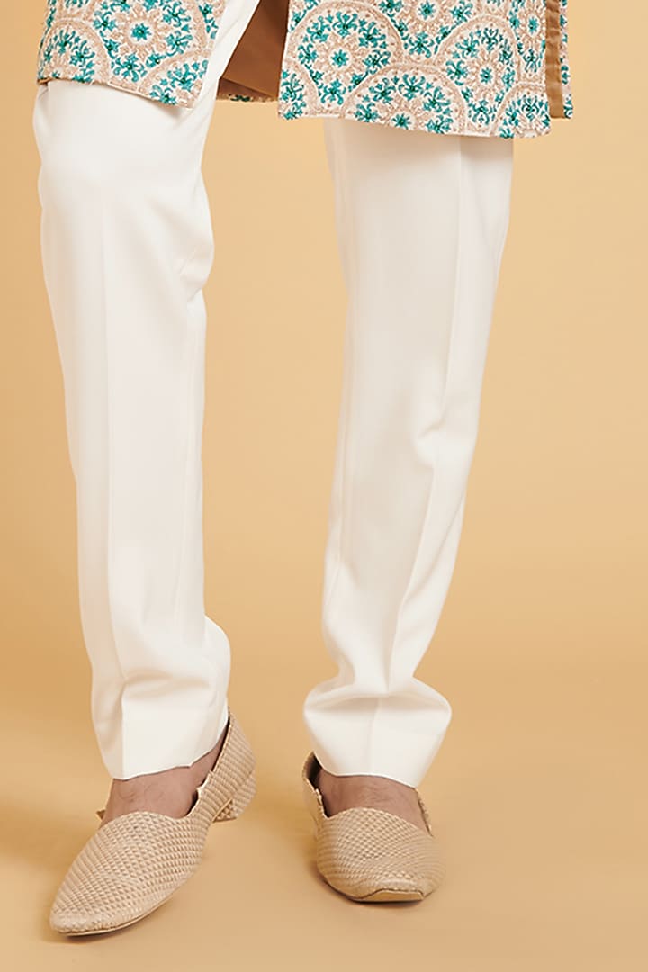 Ivory & Blue Matka Silk Zari Embroidered Groom Sherwani Set by Siddartha Tytler Men at Pernia's Pop Up Shop