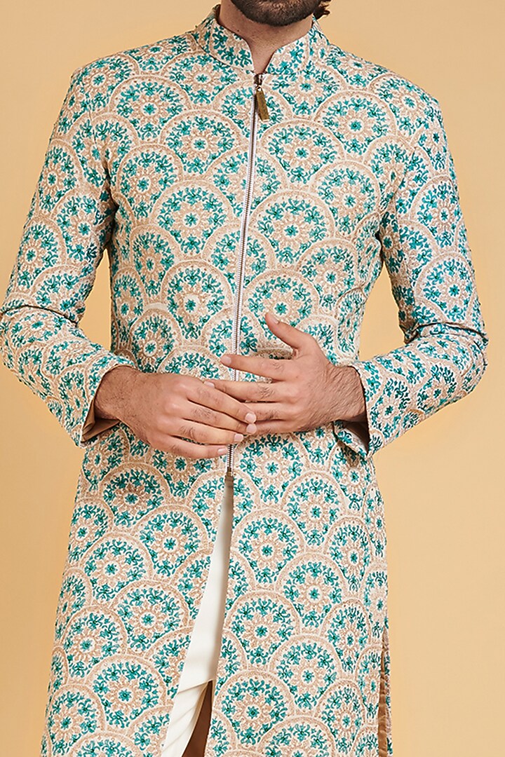 Ivory & Blue Matka Silk Zari Embroidered Groom Sherwani Set by Siddartha Tytler Men at Pernia's Pop Up Shop