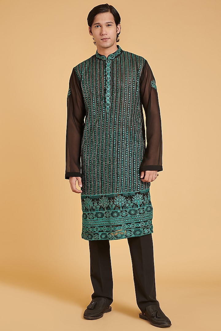 Black & Emerald Green Georgette Embroidered Kurta Set by Siddartha Tytler Men