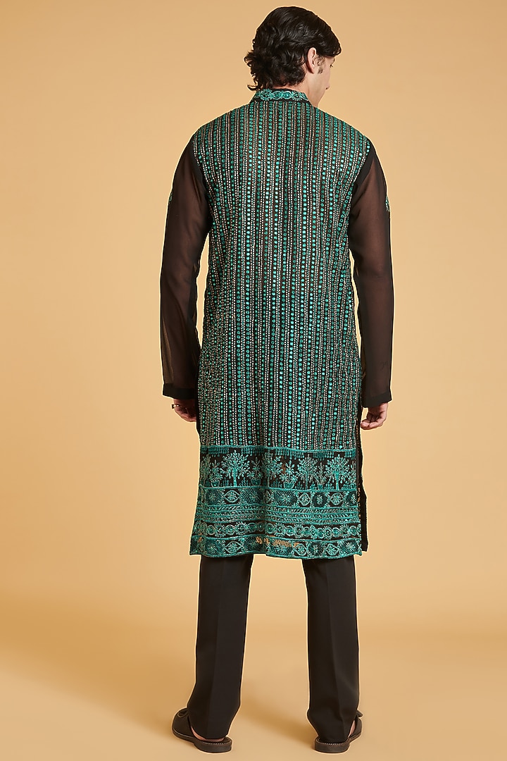 Black & Emerald Green Georgette Sequin Embroidered Kurta Set by Siddartha Tytler Men at Pernia's Pop Up Shop