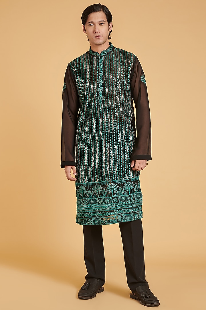 Black & Emerald Green Georgette Sequin Embroidered Kurta Set by Siddartha Tytler Men at Pernia's Pop Up Shop