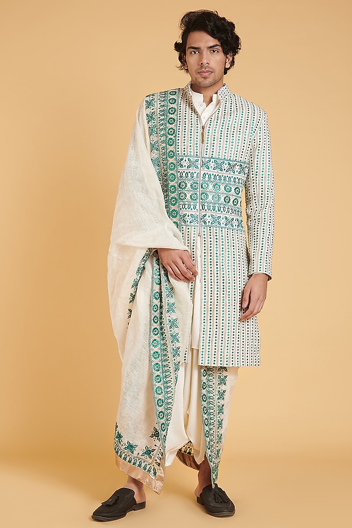 Ivory & Emerald Blue Embroidered Sherwani Set by Siddartha Tytler Men