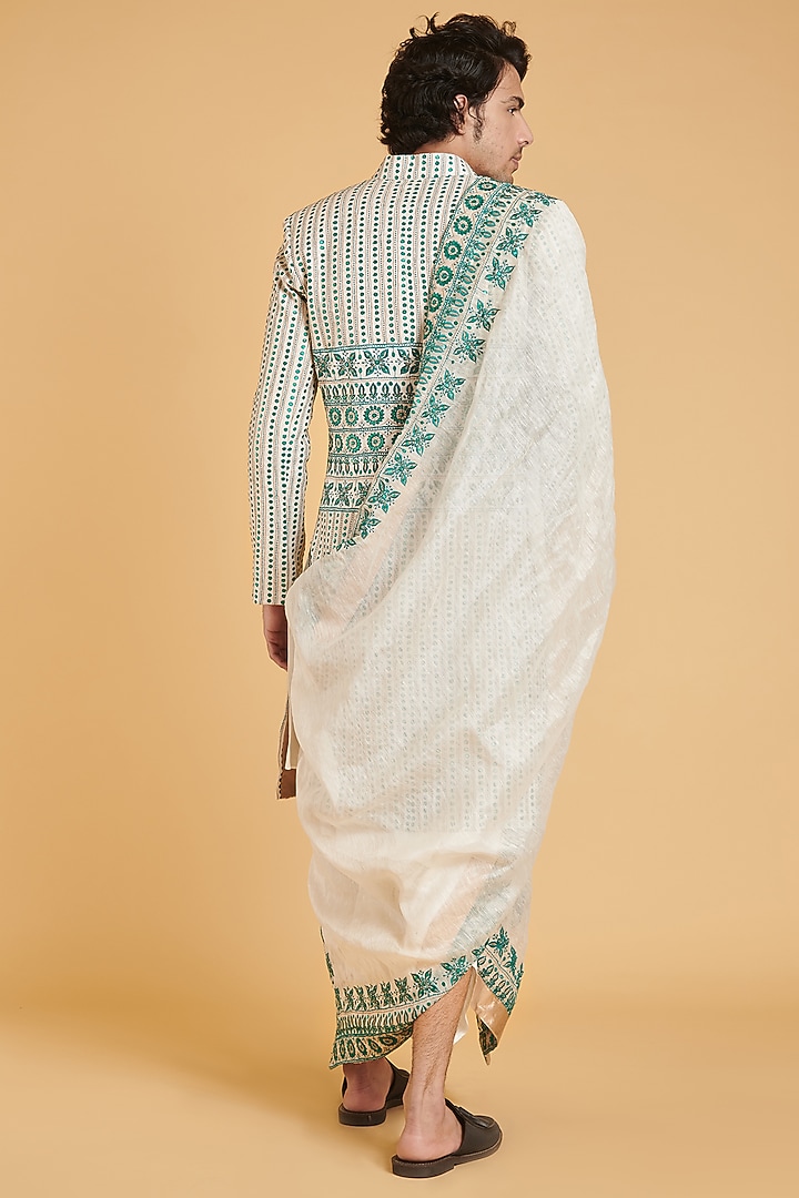 Ivory & Emerald Matka Silk Zari Embroidered Groom Sherwani Set by Siddartha Tytler Men at Pernia's Pop Up Shop