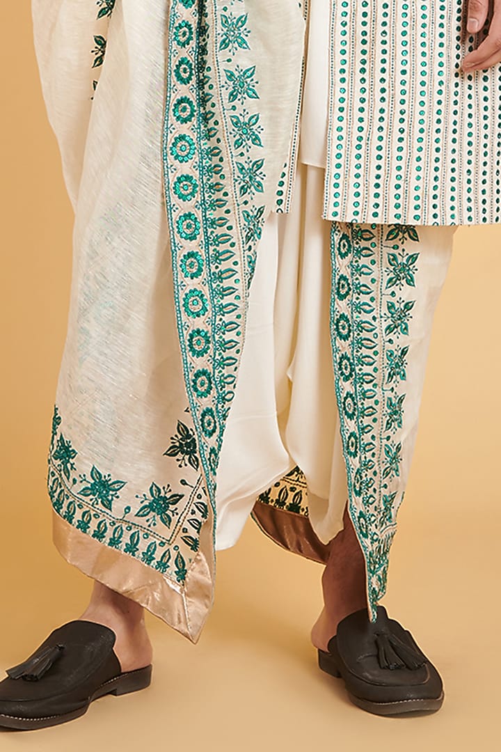 Ivory & Emerald Matka Silk Zari Embroidered Groom Sherwani Set by Siddartha Tytler Men at Pernia's Pop Up Shop