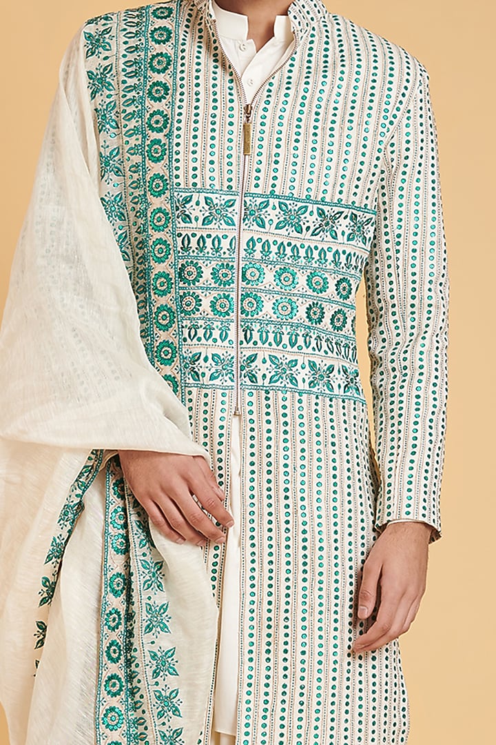 Ivory & Emerald Matka Silk Zari Embroidered Groom Sherwani Set by Siddartha Tytler Men at Pernia's Pop Up Shop