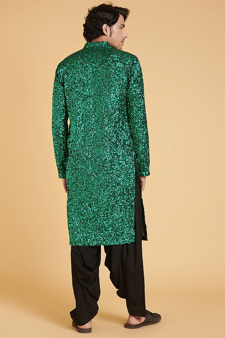 Emerald Green Georgette Sequin Embroidered Kurta Set by Siddartha Tytler Men at Pernia's Pop Up Shop