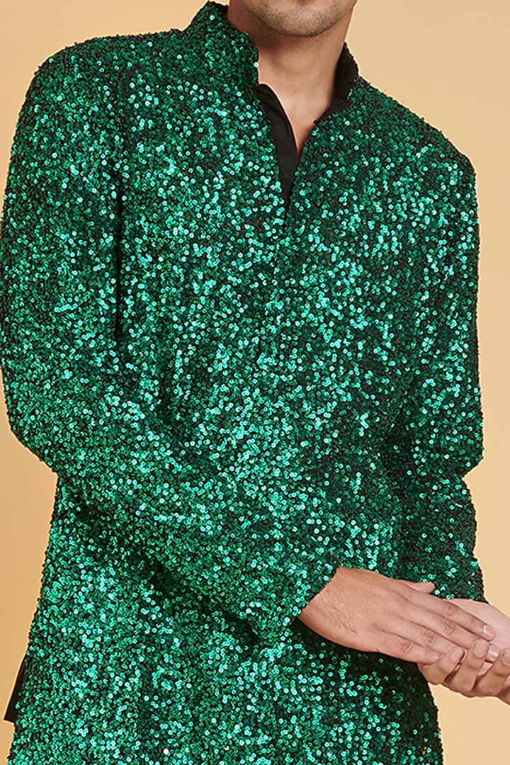 Emerald Green Georgette Sequin Embroidered Kurta Set by Siddartha Tytler Men at Pernia's Pop Up Shop