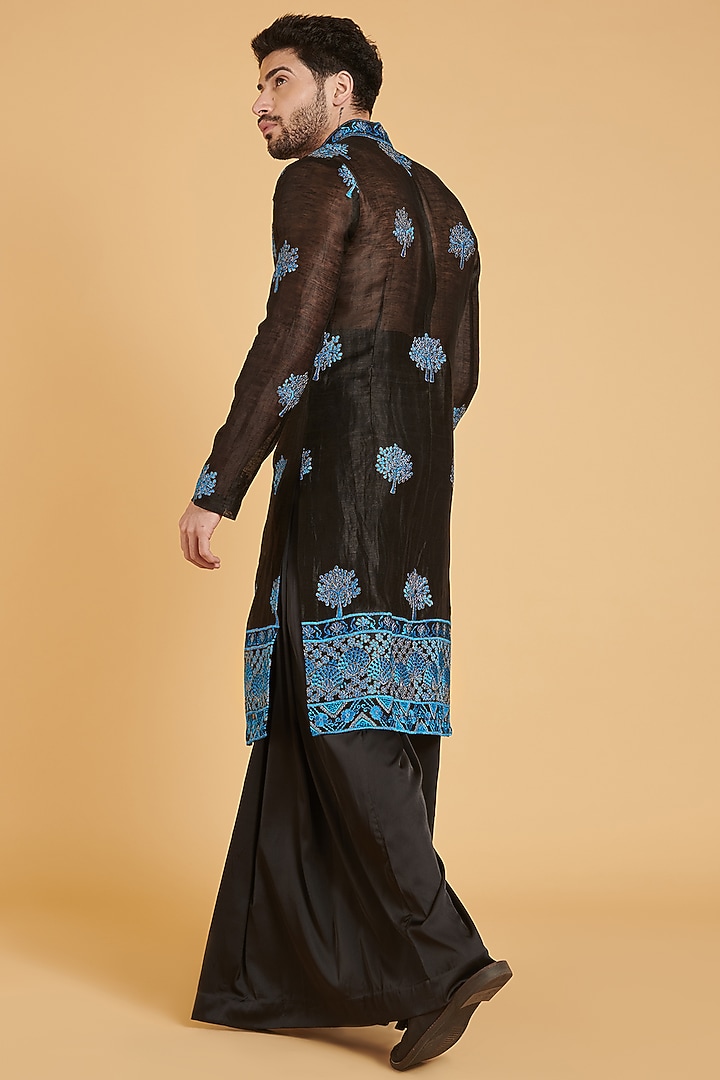 Black Chanderi Zari Embroidered Sheer Kurta Set by Siddartha Tytler Men at Pernia's Pop Up Shop