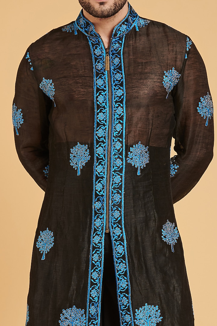 Black Chanderi Zari Embroidered Sheer Kurta Set by Siddartha Tytler Men at Pernia's Pop Up Shop