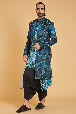 Black & Blue Organza Printed Achkan Set by Siddartha Tytler Men