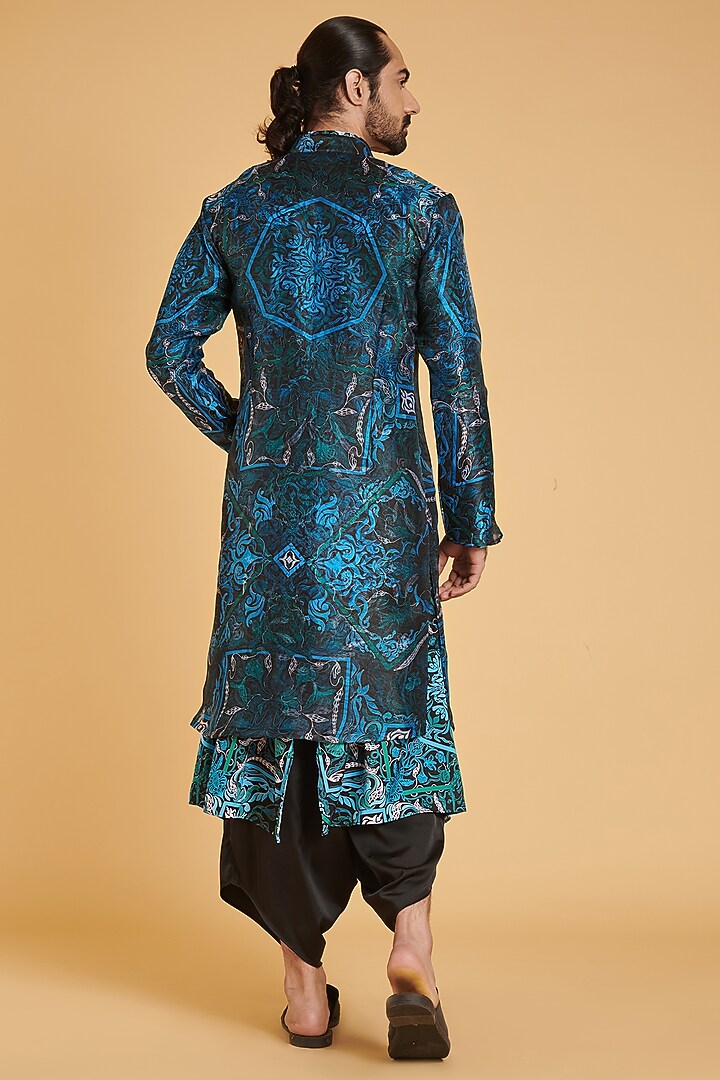 Black & Blue Organza Printed Achkan Set by Siddartha Tytler Men at Pernia's Pop Up Shop