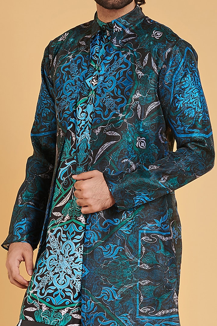 Black & Blue Organza Printed Achkan Set by Siddartha Tytler Men at Pernia's Pop Up Shop