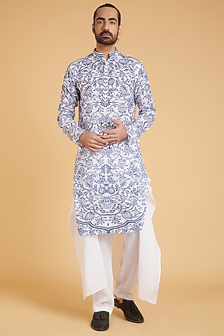 Ivory & Blue Printed Kurta Set by Siddartha Tytler Men