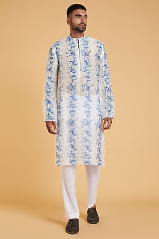 Ivory Blended Linen Printed Kurta Set by Siddartha Tytler Men