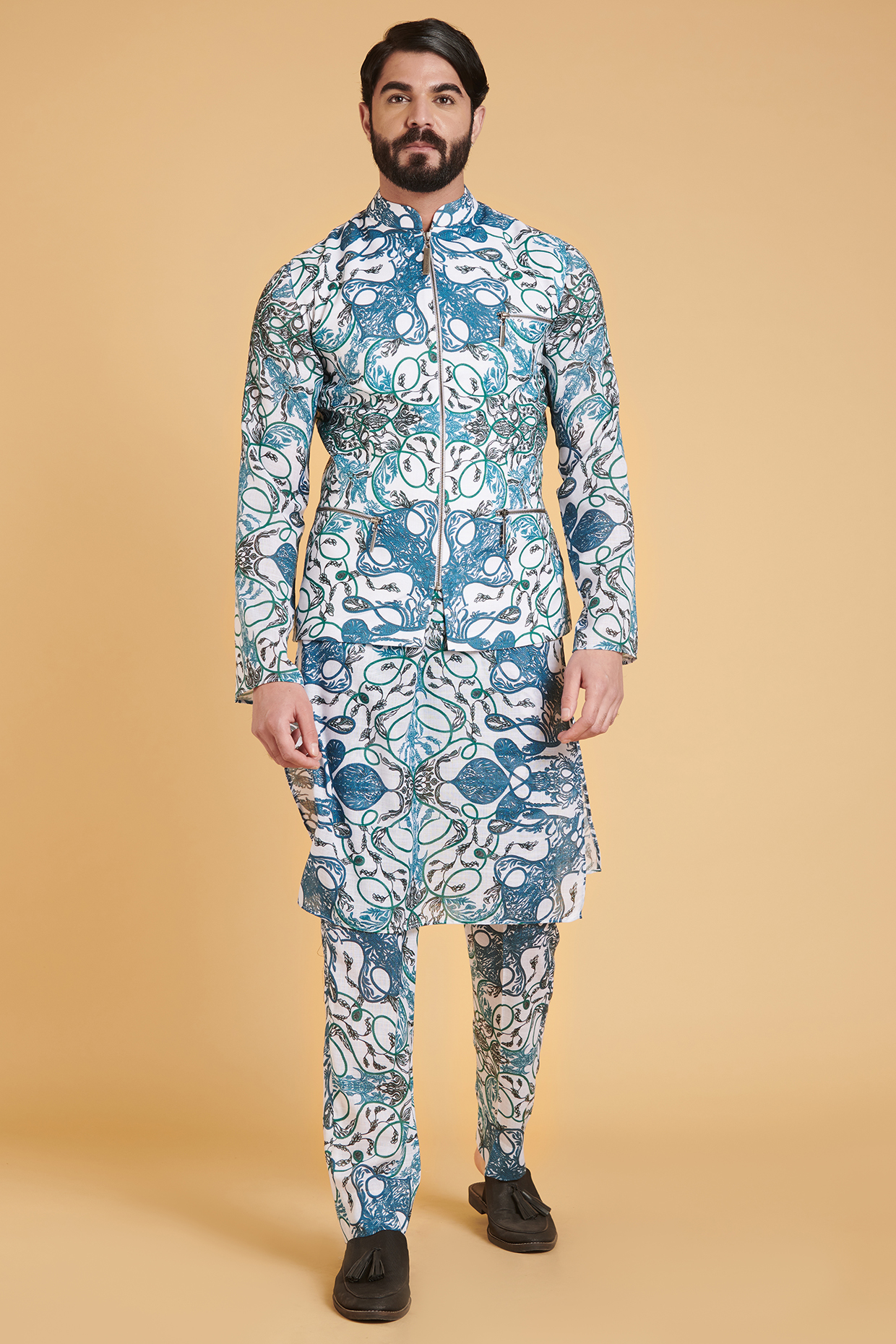 Ivory & Turquoise Printed Kurta Set With Bundi Jacket by Siddartha Tytler Men