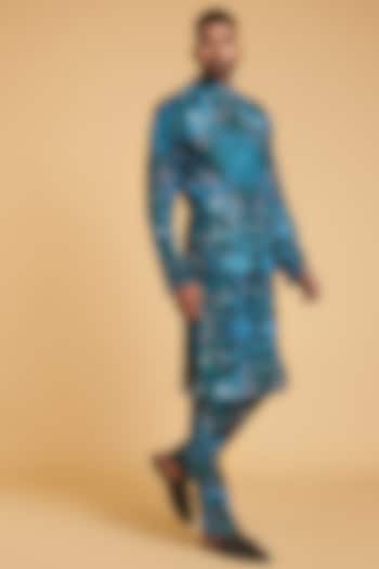 Blue & Black Printed Kurta Set With Bundi Jacket by Siddartha Tytler Men