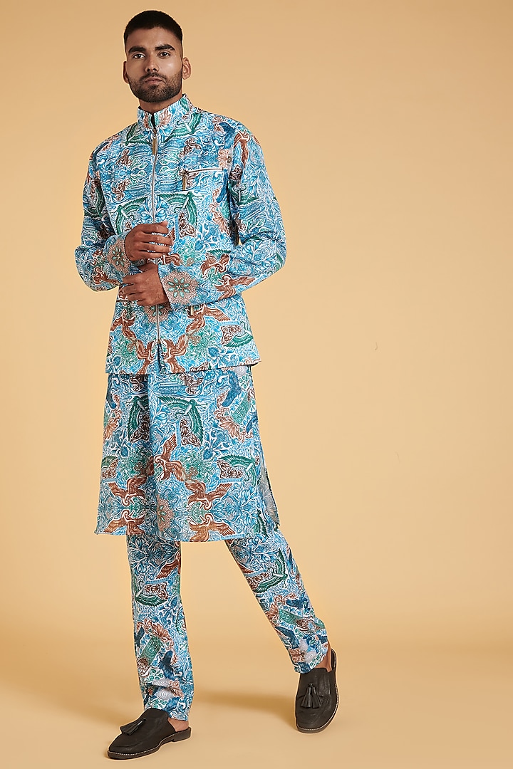 Turquoise Printed Kurta Set With Bundi Jacket by Siddartha Tytler Men