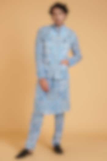 Turquoise Blended Linen Kurta Set With Bundi Jacket by Siddartha Tytler Men
