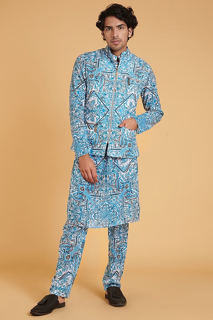 Turquoise Blended Linen Kurta Set With Bundi Jacket by Siddartha Tytler Men
