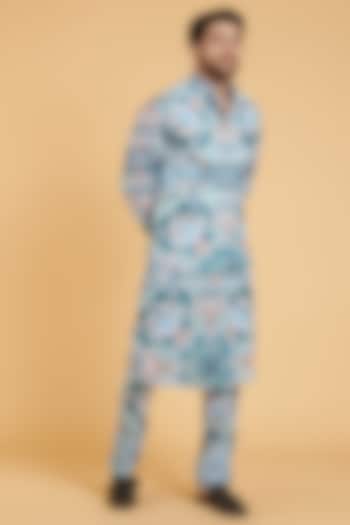 Powder Blue Blended Linen Kurta Set With Bundi Jacket by Siddartha Tytler Men