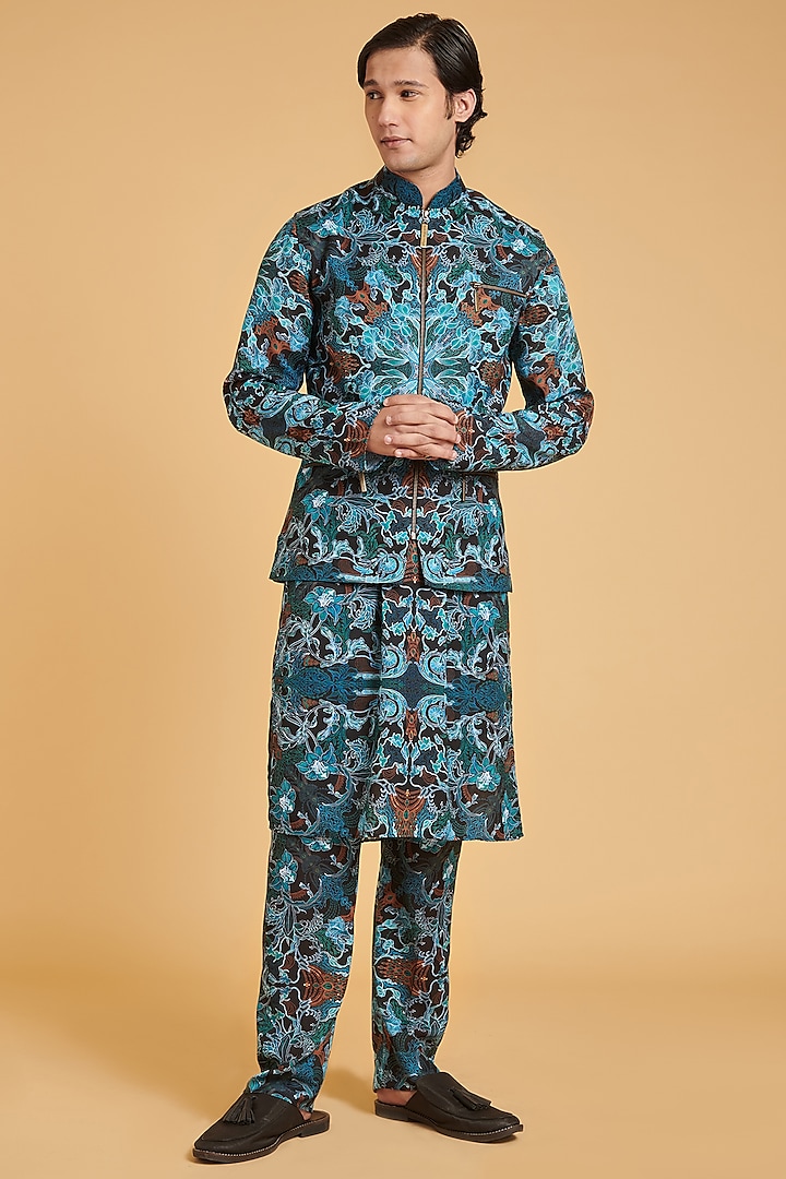 Emerald Blue Blended Linen Kurta Set With Bundi Jacket by Siddartha Tytler Men