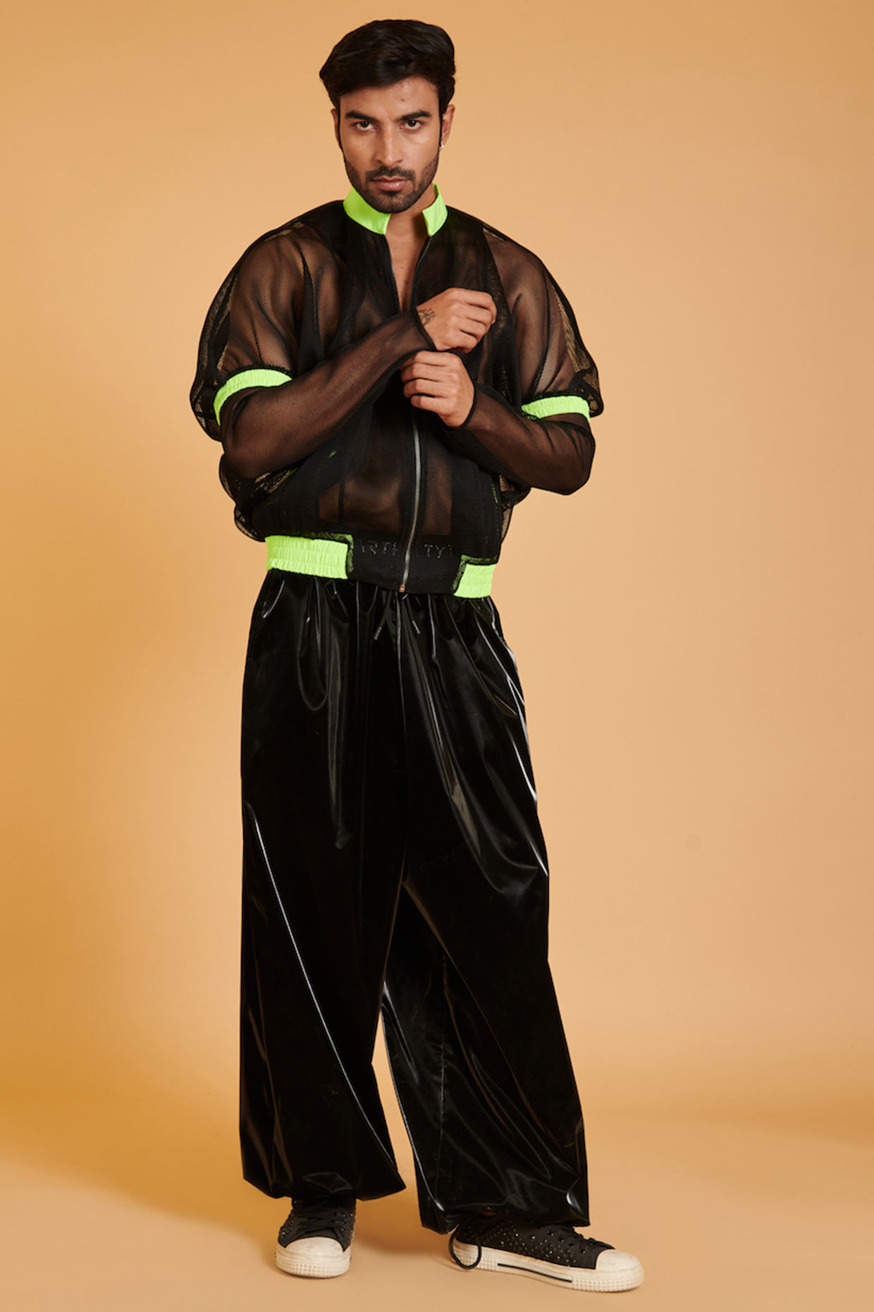 Black Neoprene Mesh Kimono Bomber Jacket Set by Siddartha Tytler Men at Pernia's Pop Up Shop