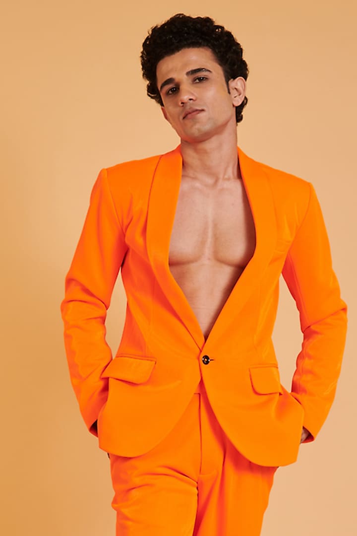 Orange Lycra Knit Suit Set by Siddartha Tytler Men at Pernia's Pop Up Shop