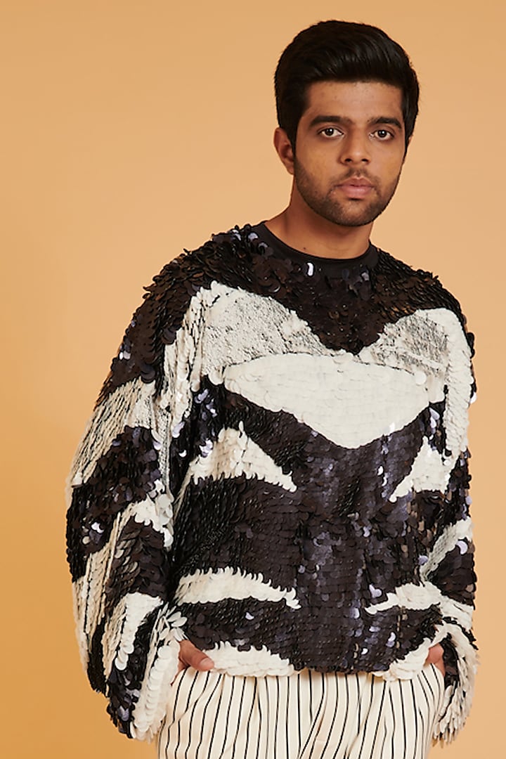 Black & White Georgette Hand Embroidered Jumper by Siddartha Tytler Men