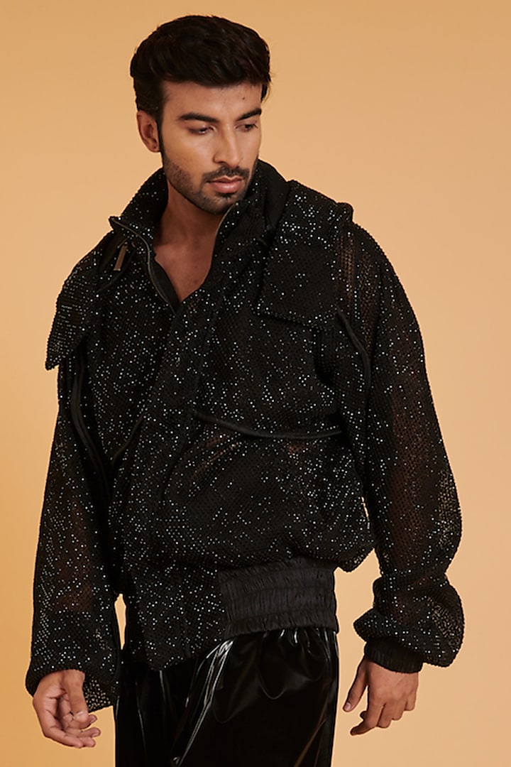 Black Crystal Mesh Marshmallow Jacket by Siddartha Tytler Men