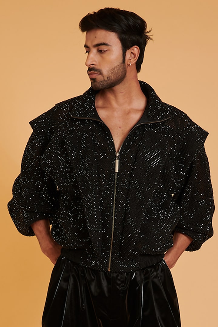Black Crystal Mesh Jacket by Siddartha Tytler Men