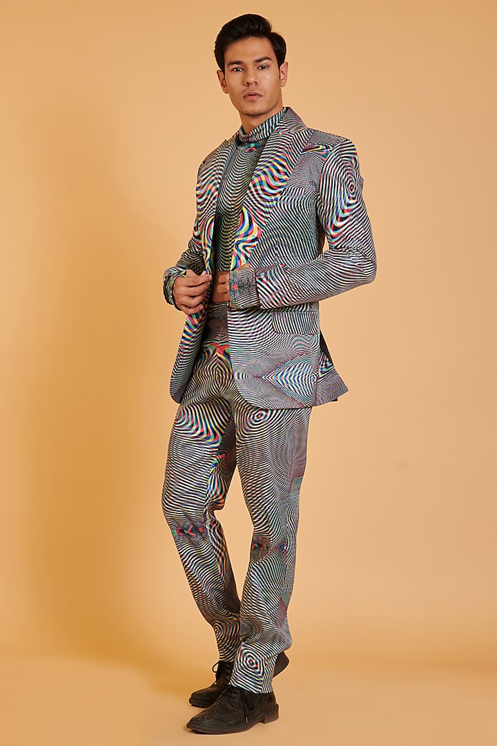 Multi-Colored Lycra Taffeta Digital Printed Suit Set by Siddartha Tytler Men