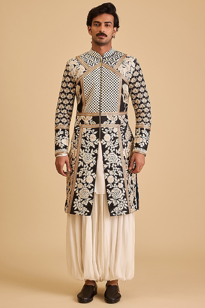 Black Dupion Zardosi Embroidered Groom Sherwani Set by Siddartha Tytler Men at Pernia's Pop Up Shop