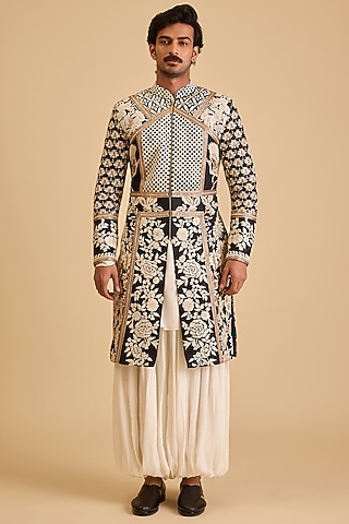 Black Dupion Zardosi Embroidered Sherwani Set by Siddartha Tytler Men