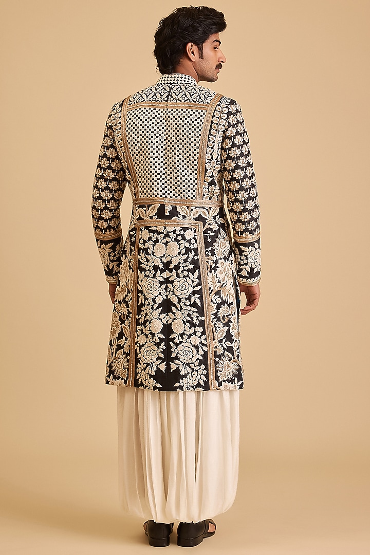 Black Dupion Zardosi Embroidered Groom Sherwani Set by Siddartha Tytler Men at Pernia's Pop Up Shop