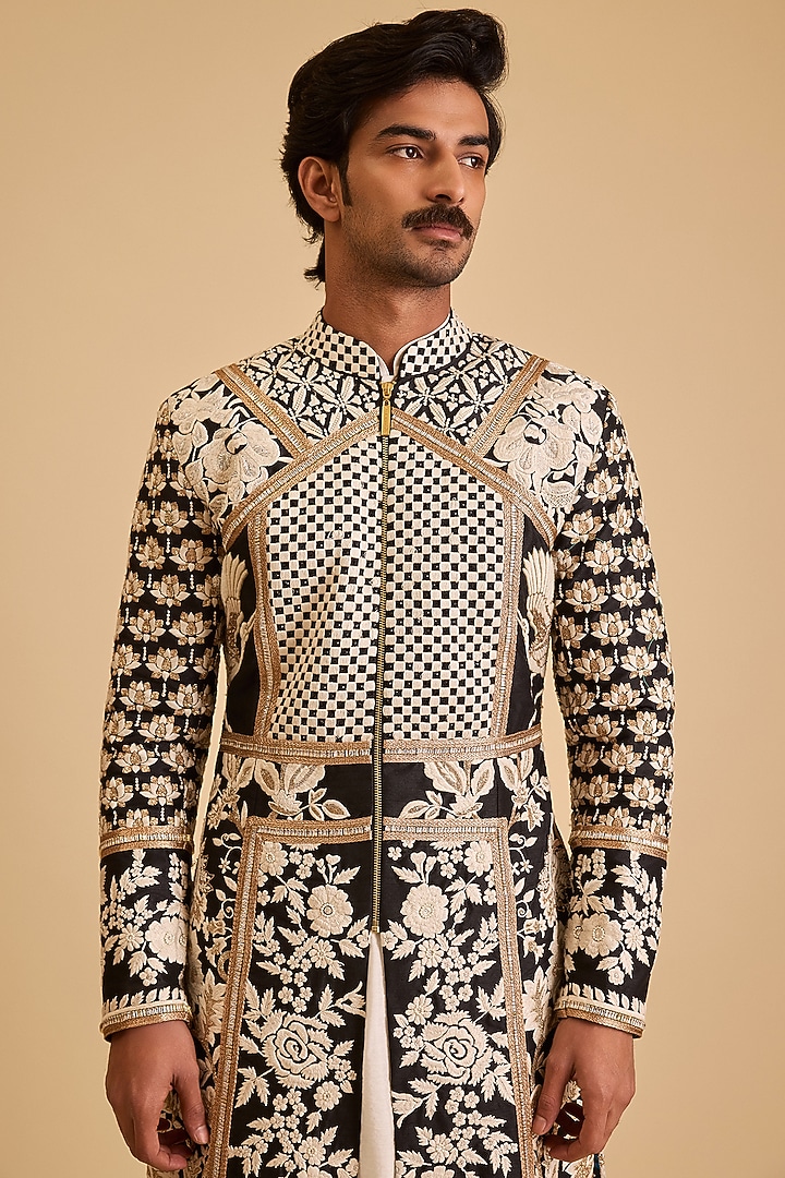 Black Dupion Zardosi Embroidered Groom Sherwani Set by Siddartha Tytler Men at Pernia's Pop Up Shop