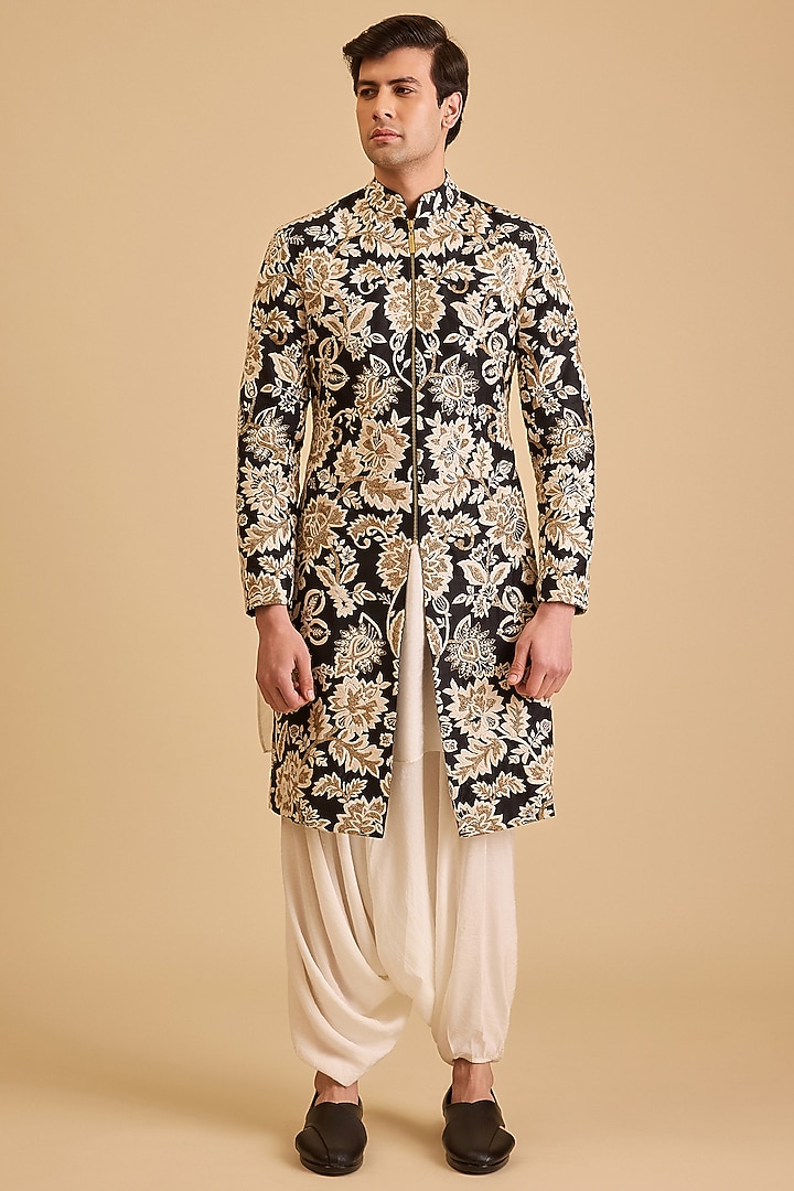 Black Dupion Zardosi Embroidered Groom Sherwani Set by Siddartha Tytler Men at Pernia's Pop Up Shop