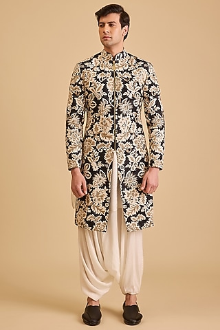 Black Dupion Zardosi Embroidered Sherwani Set by Siddartha Tytler Men