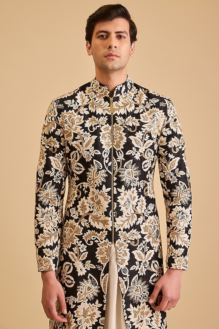 Black Dupion Zardosi Embroidered Groom Sherwani Set by Siddartha Tytler Men at Pernia's Pop Up Shop