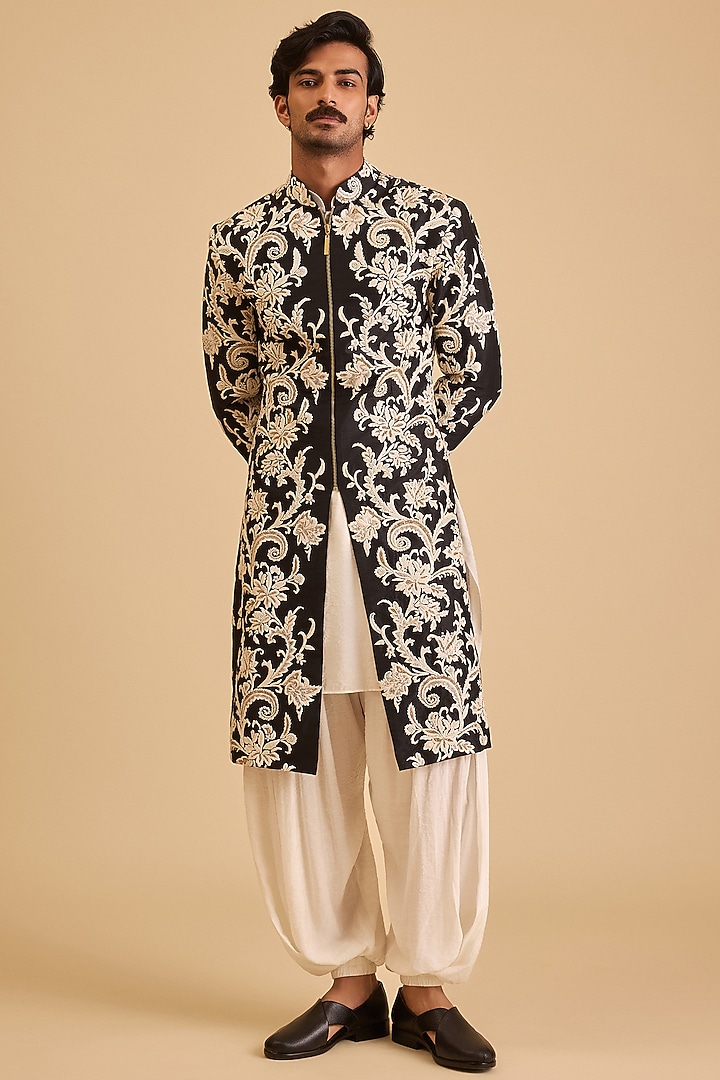 Black Dupion Zardosi Embroidered Groom Sherwani Set by Siddartha Tytler Men at Pernia's Pop Up Shop