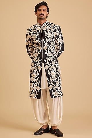 Black Dupion Zardosi Embroidered Sherwani Set by Siddartha Tytler Men