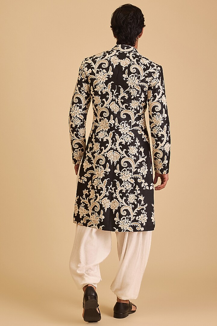 Black Dupion Zardosi Embroidered Groom Sherwani Set by Siddartha Tytler Men at Pernia's Pop Up Shop